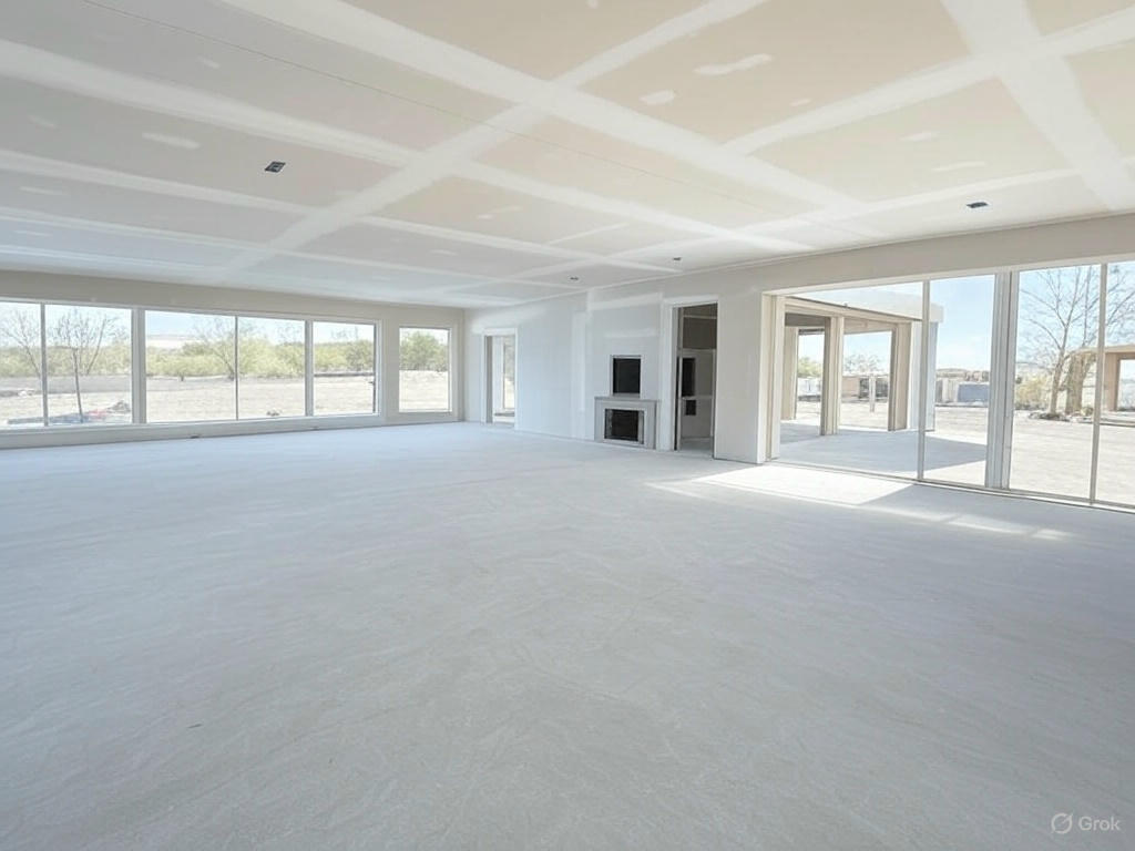 Spacious living room after drywall installation